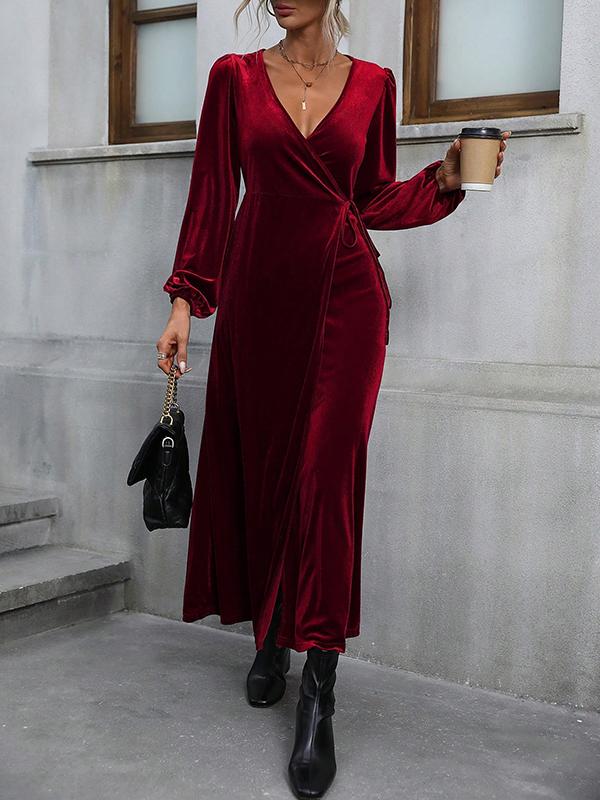 A-Line High Waisted Elasticity Solid Color Split-Front Split-Joint Tied Waist Velvet V-Neck Maxi Dresses Product Image
