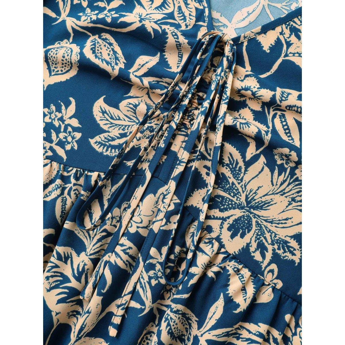 Plus Size Boho Floral Drawstring Pockets Midi Dress Mediumblue Women Resort V-neck Elbow-length sleeve Curvy BloomChic 30/6X Product Image