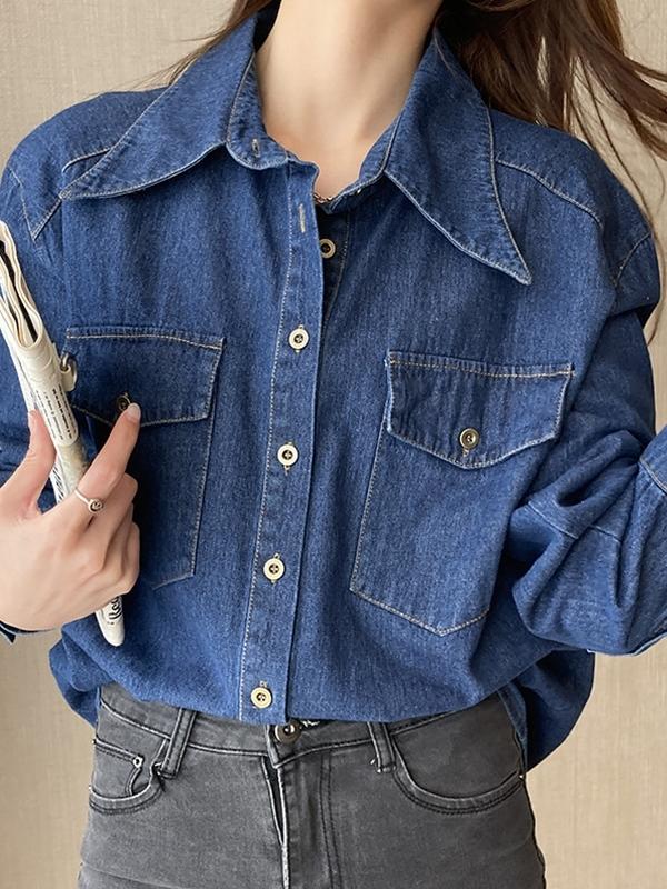 Wash Dual Pocket Denim Blouses&Shirts Product Image