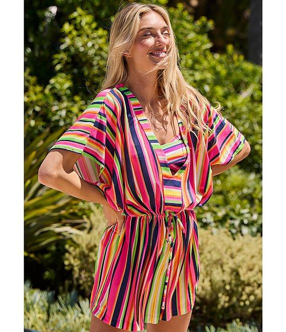 Trina Turk Anniversary Stripe V-Neck Cinched Drawcord Waist Tunic Swim Cover-Up Product Image