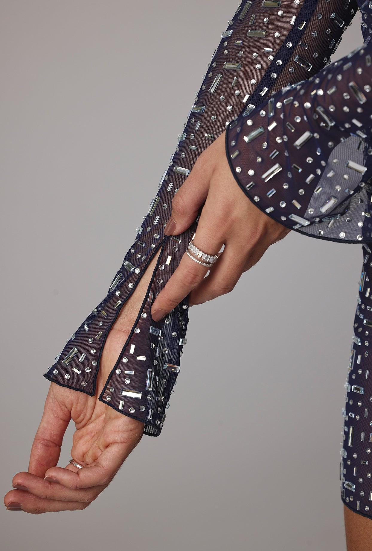 Sheer Embellished Long Sleeve A-Line Mini Dress in Navy Product Image