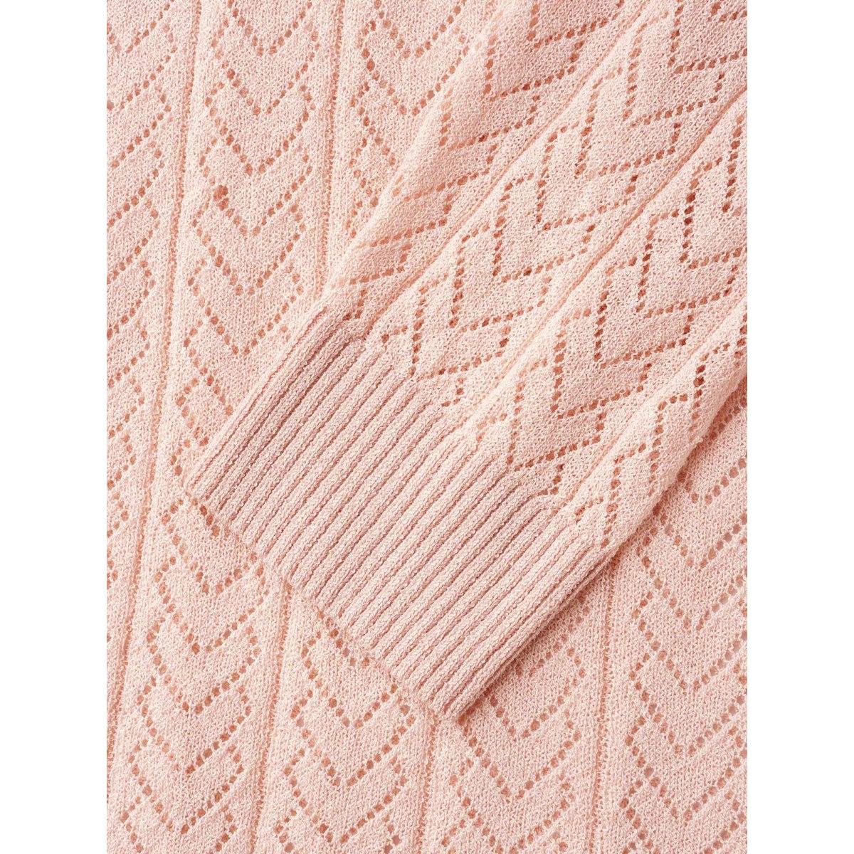 Plus Size Plain Hollow Out Romantic Textured Pullover Nudepink Women Casual Loose Long Sleeve V-neck Everyday Pullovers BloomChic 28/5X Product Image