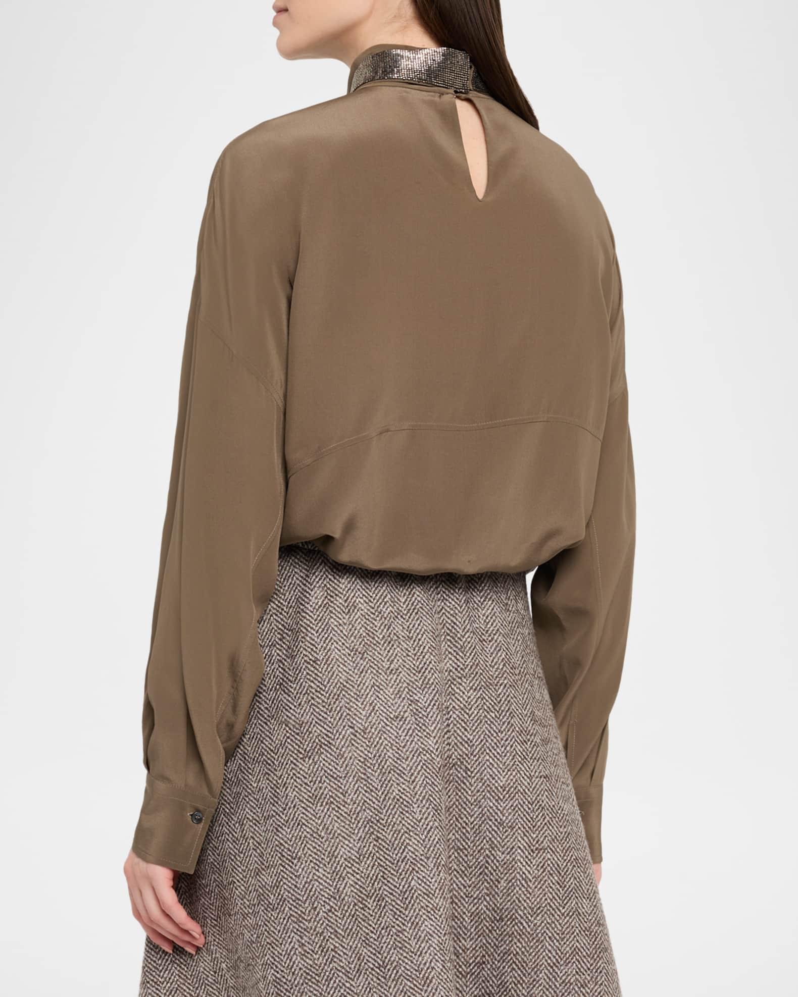 Crepe De Chine Long-Sleeve Blouse With Removable Thick Monili Collar Product Image