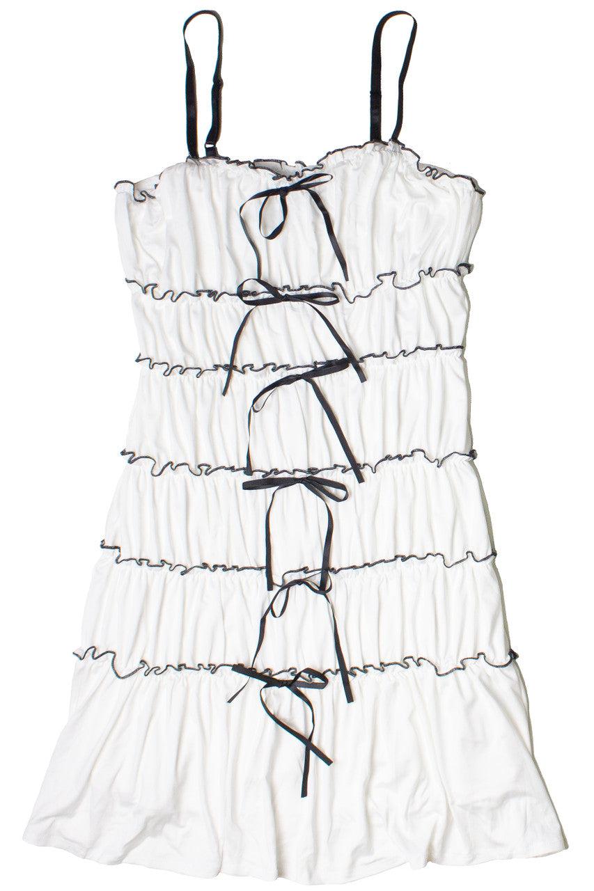 Contrast Stitch Ribbon Bow Tiered Mini Dress Product Image