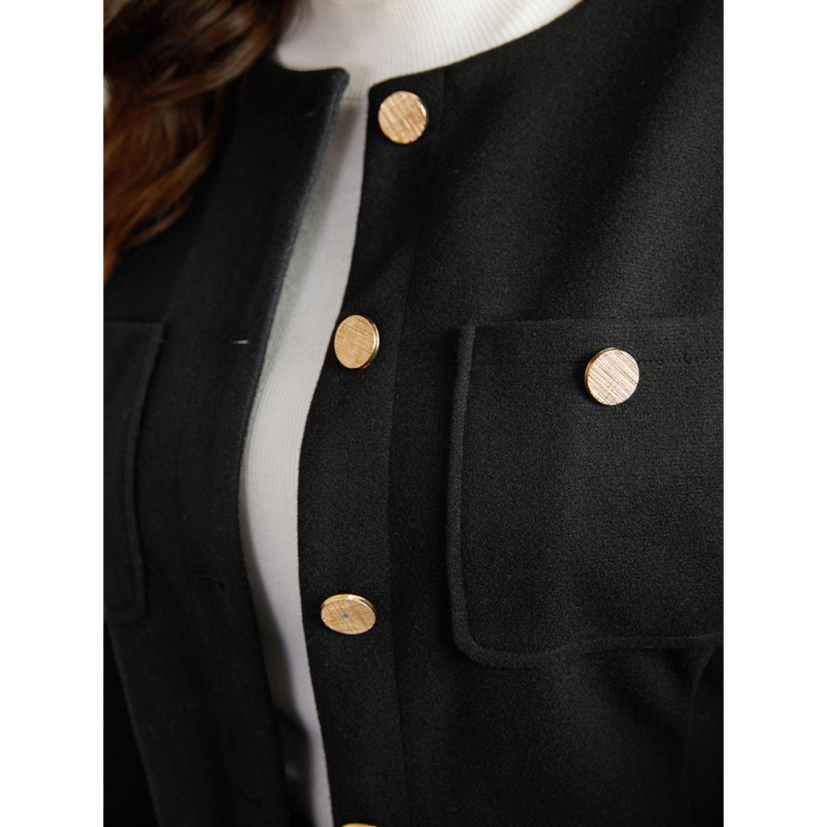 Plus Size Solid Fuzzy Sleeve Pocket Metal Detail Coat Women Black Casual Plain Ladies Dailywear Winter Coats BloomChic 26/4X Product Image