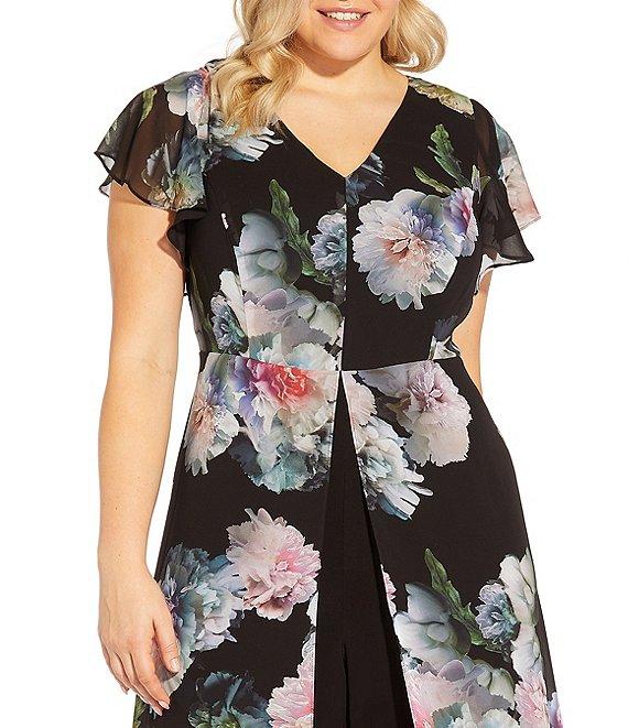 Adrianna Papell Plus Size Floral Printed V-Neck Flutter Short Sleeve Overlay Jumpsuit Product Image