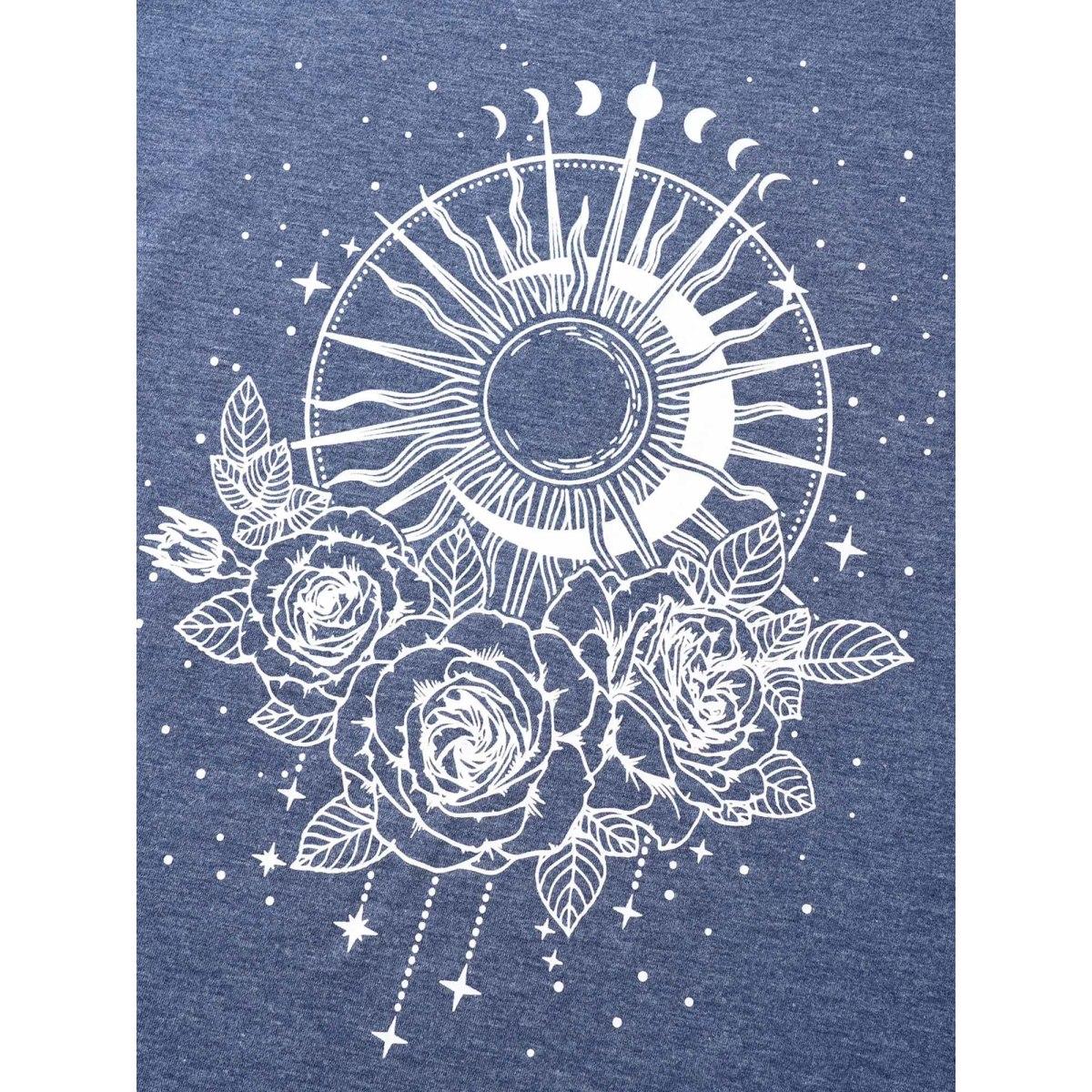 Plus Size Moon & Star Print Round Neck Curved Hem T-shirt Indigo Women Casual Non Star and moon Round Neck Everyday T-shirts BloomChic 14-16/1X Product Image