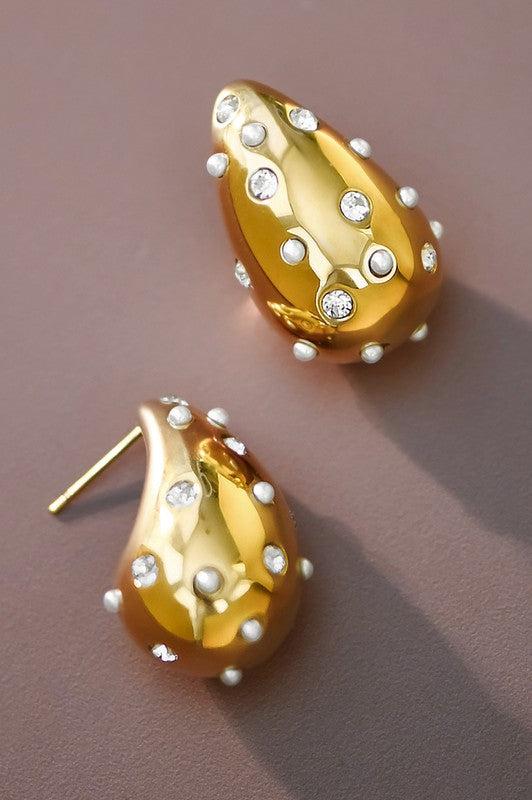 Pearl & Rhinestone Studded Raindrop Earrings Product Image