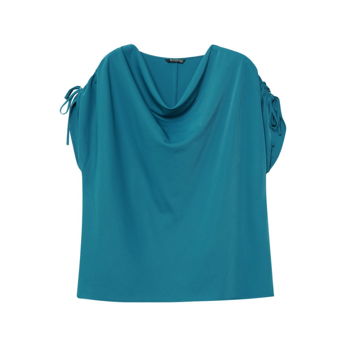 Plus Size Aegean Solid Cowl Neck Drawstring Sleeve Blouse Women Office Short sleeve Cowl Neck Work Blouses BloomChic 26/4X Product Image