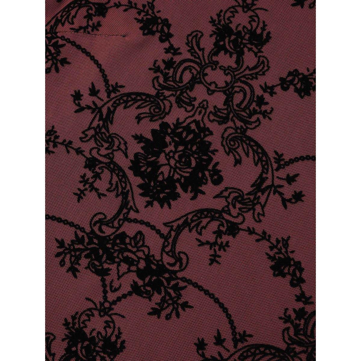 Plus Size Burgundy Boho Print Flocking Mesh Blouse Women Elegant Elbow-length sleeve Flat collar with V-notch Everyday Blouses BloomChic 10/M Product Image