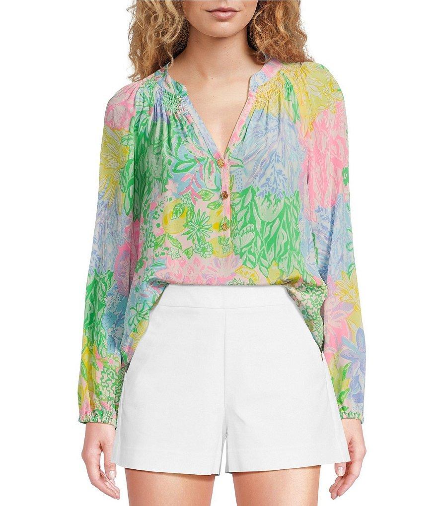 Lilly Pulitzer Elsa Multi Bright Delight Patch Print Split V-Neck Long Sleeve Blouse Product Image