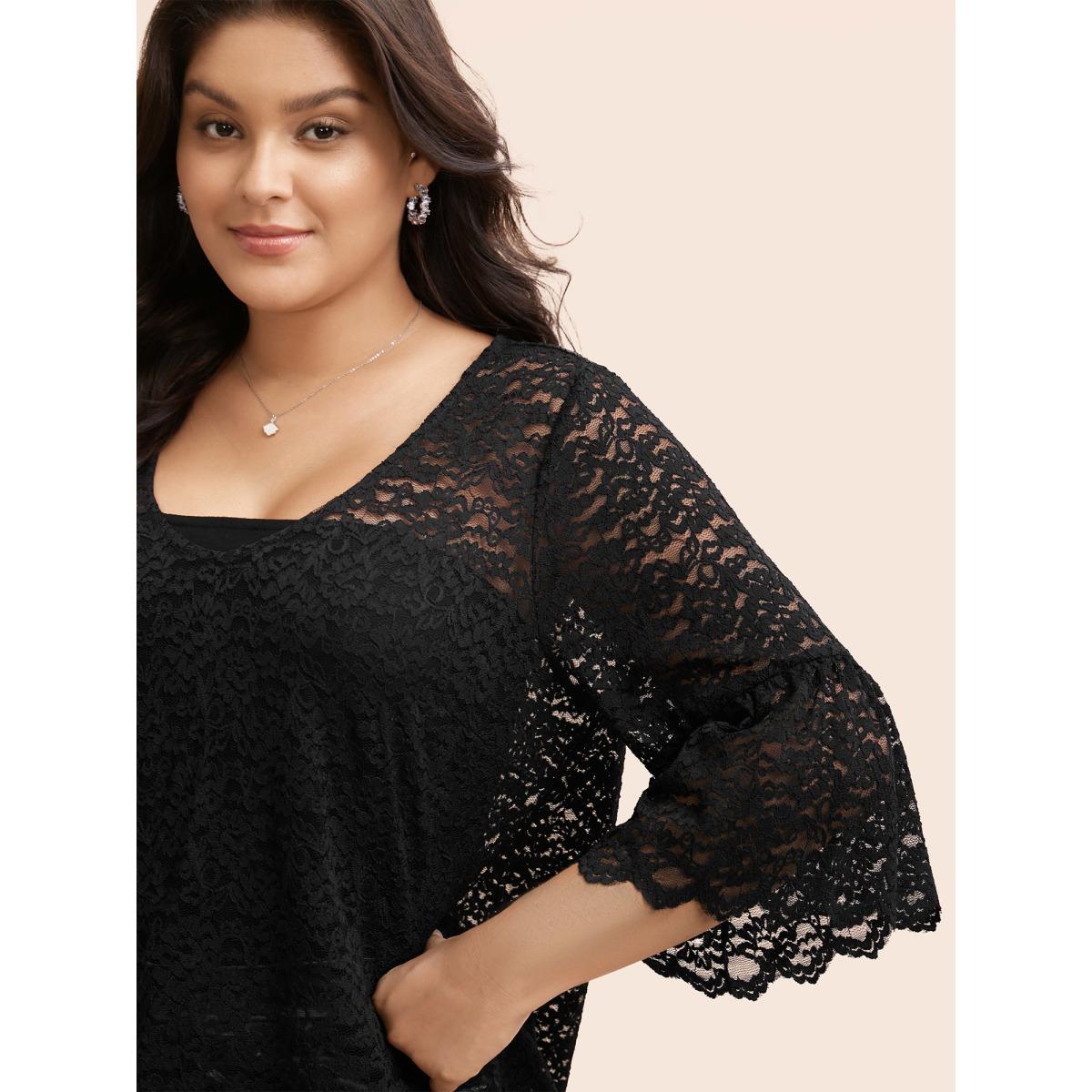 Plus Size Black Stretch Lace Mesh Ruffle Trim Blouse Women Elegant Elbow-length sleeve V-neck Everyday Blouses BloomChic 12/L Product Image