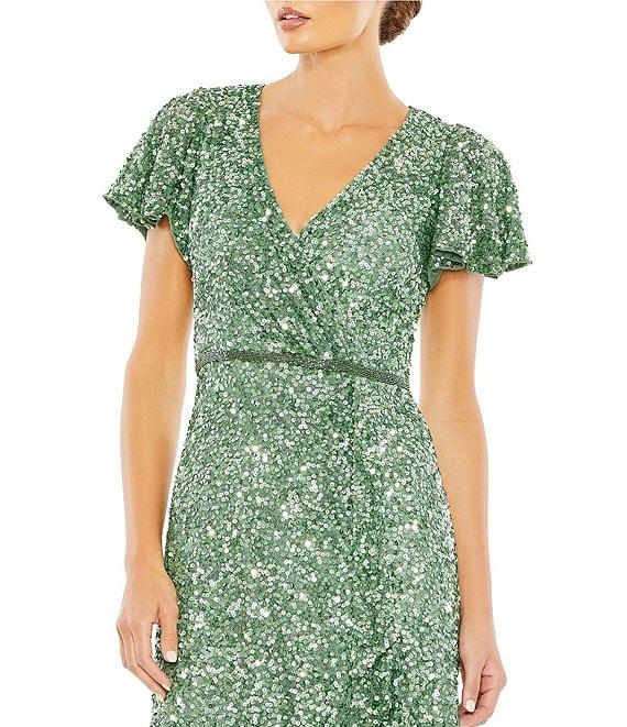 Mac Duggal Sequined Wrap Over Butterfly Sleeve Draped Gown Product Image