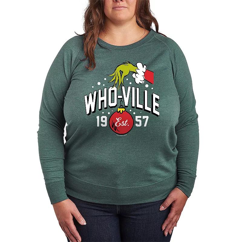 Plus Size Dr. Seuss The Grinch Whoville Hand French Terry Long Sleeve Tee, Womens Grey Indigo Product Image