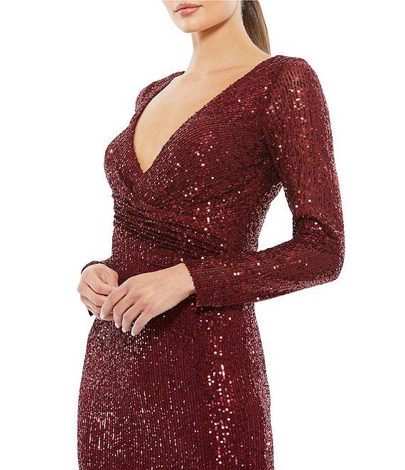 Mac Duggal Long Sleeve V-Neck Sequin Faux Wrap Gown Product Image