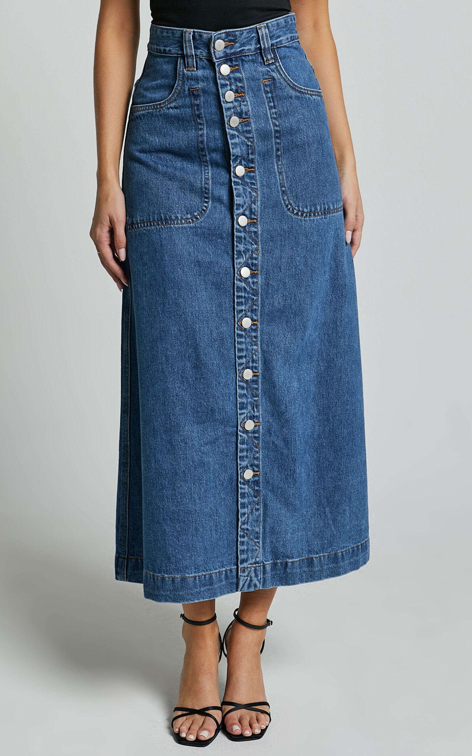 Alisa Midi Skirt - Button Through A Line Denim Skirt in Dark Blue Wash Product Image