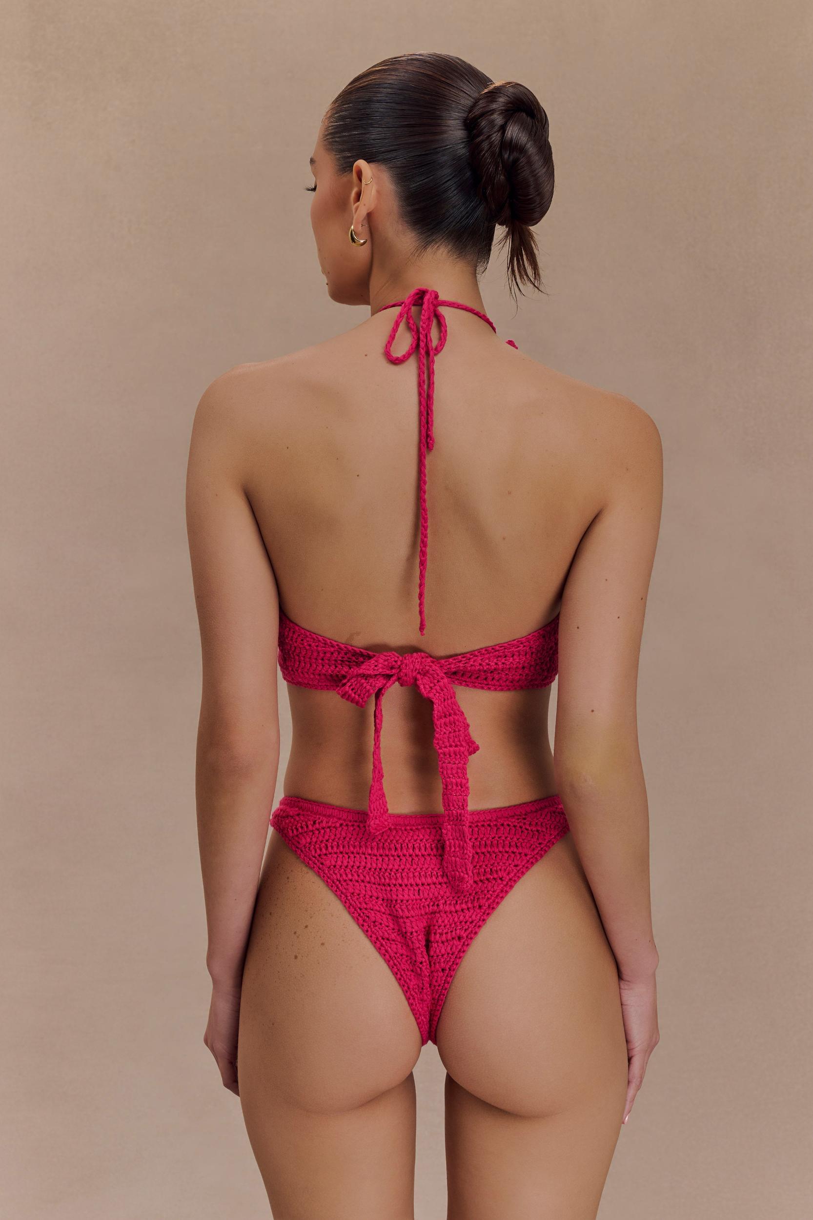 Skye Floral Crochet Tie Up Bikini Bottom - Pink Cherry Product Image