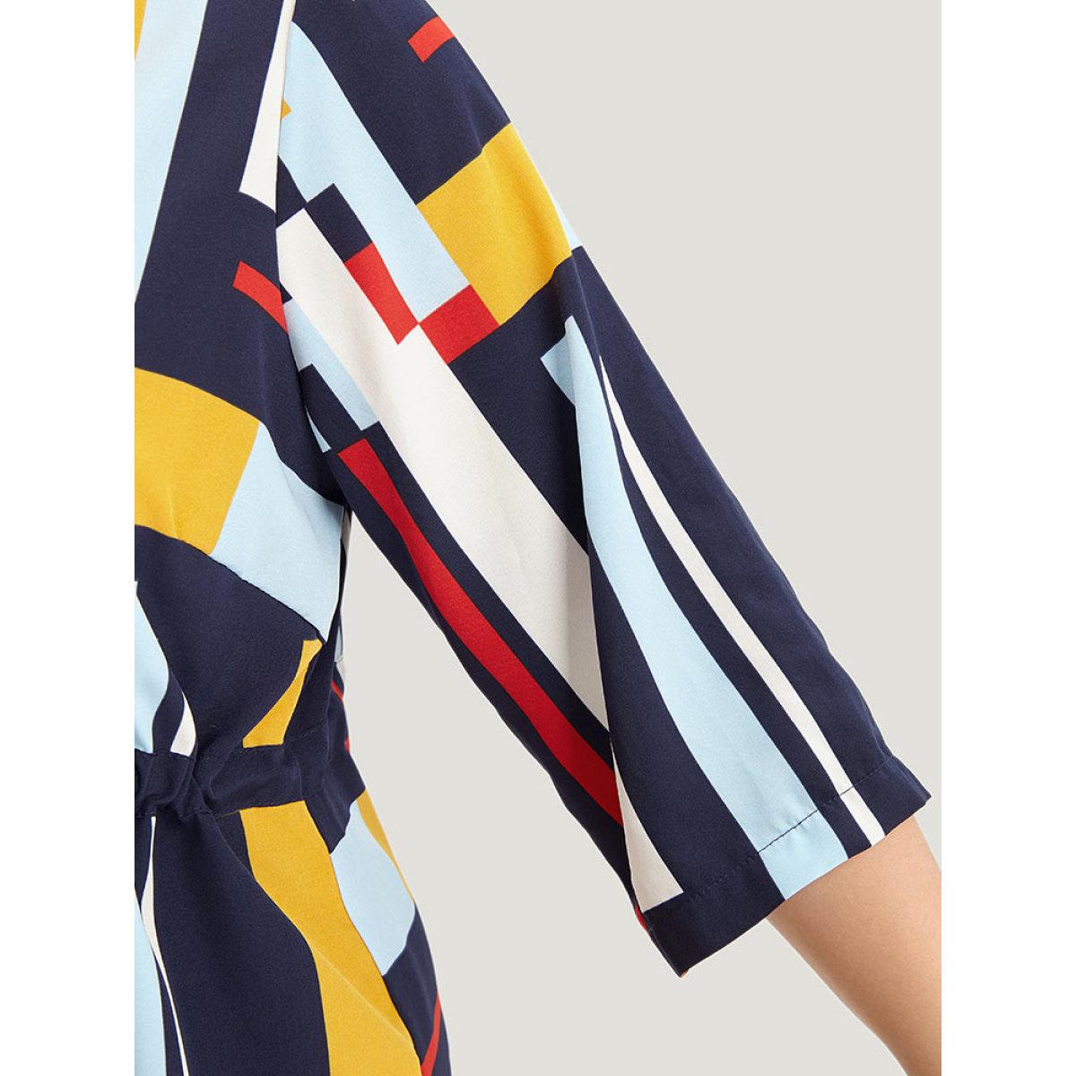 Plus Size Multicolor Geometric Contrast Drawstring Button Up Blouse Women Office Elbow-length sleeve V-neck Office Blouses BloomChic 26/4X Product Image