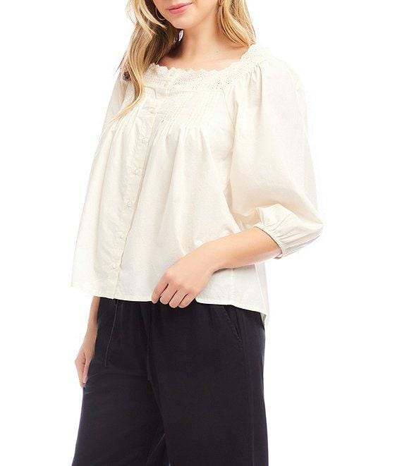 Karen Kane Embroidered Scalloped Square Neck 3/4 Sleeve Button-Front Blouse Product Image