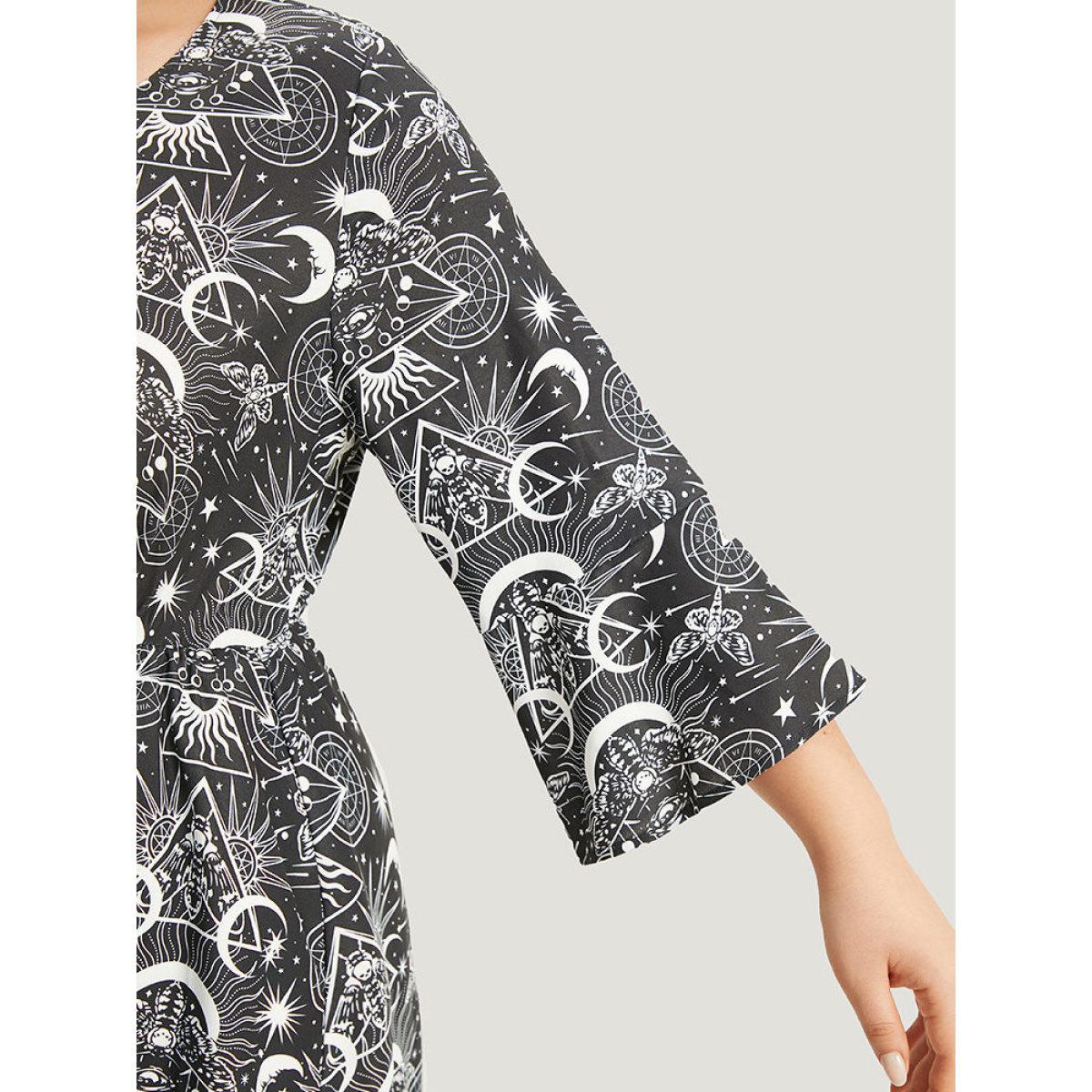 Plus Size Halloween Moon & Star Lace Up Pocket Bell Sleeve Dress Black Women Office Cross straps Round Neck Elbow-length sleeve Curvy Knee Dress BloomChic 30/6X Product Image