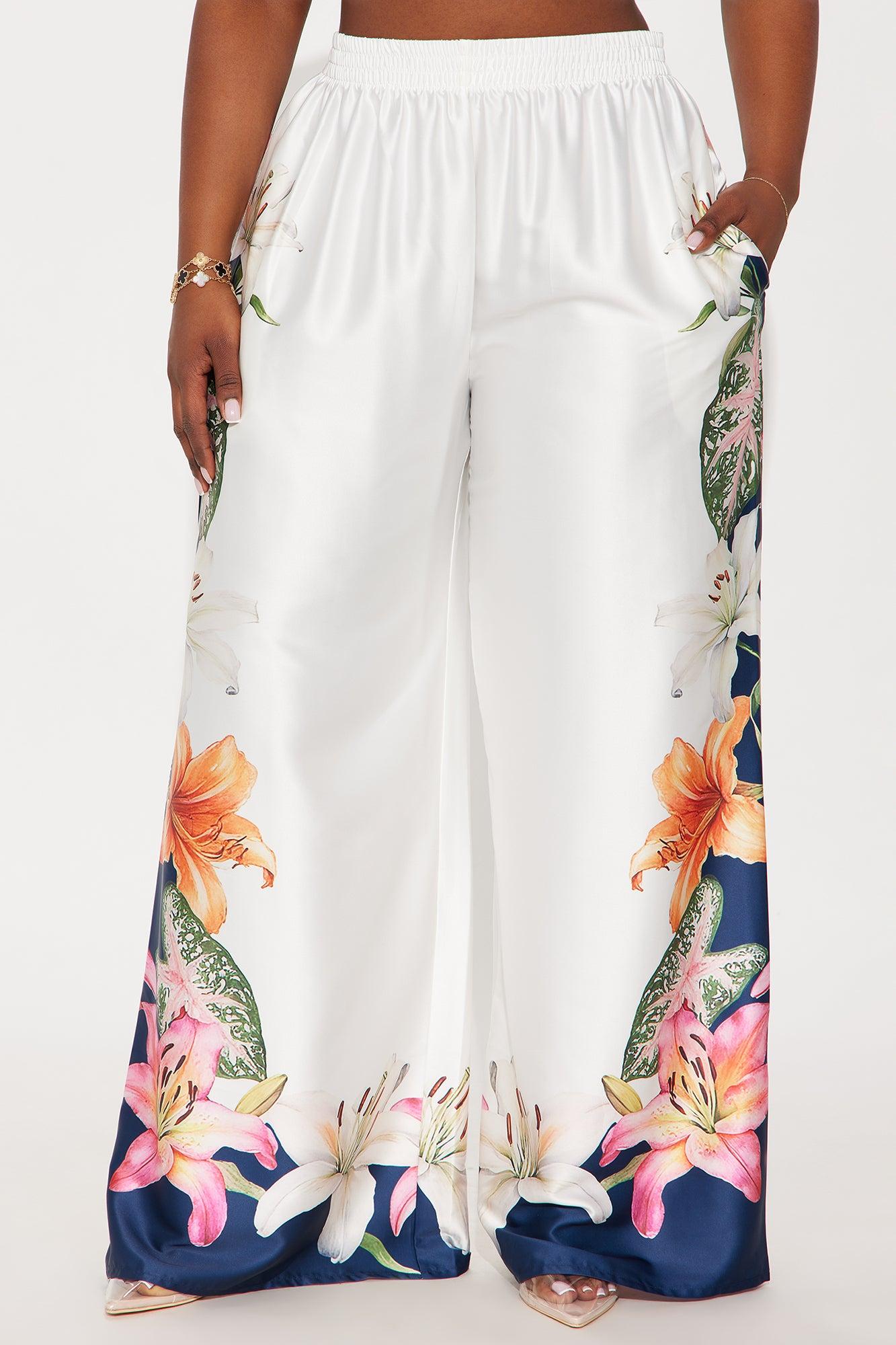 Gisella Floral Satin Wide Leg Pant - Cream/combo Female Product Image
