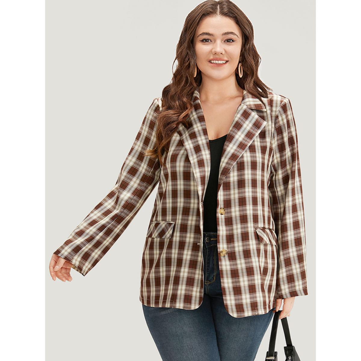Plus Size Plaid Button Through Flap Pocket Blazer Bronze Women Dailywear Plaid Button Sleeve Long Sleeve Suit Collar 12/L Pocket Casual Blazers BloomChic Product Image