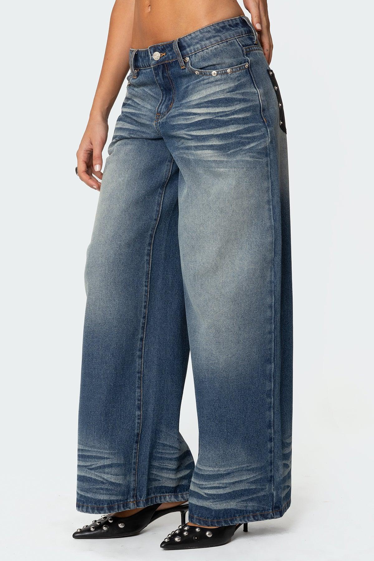 Faux Leather Pocket Low Rise Baggy Jeans Product Image