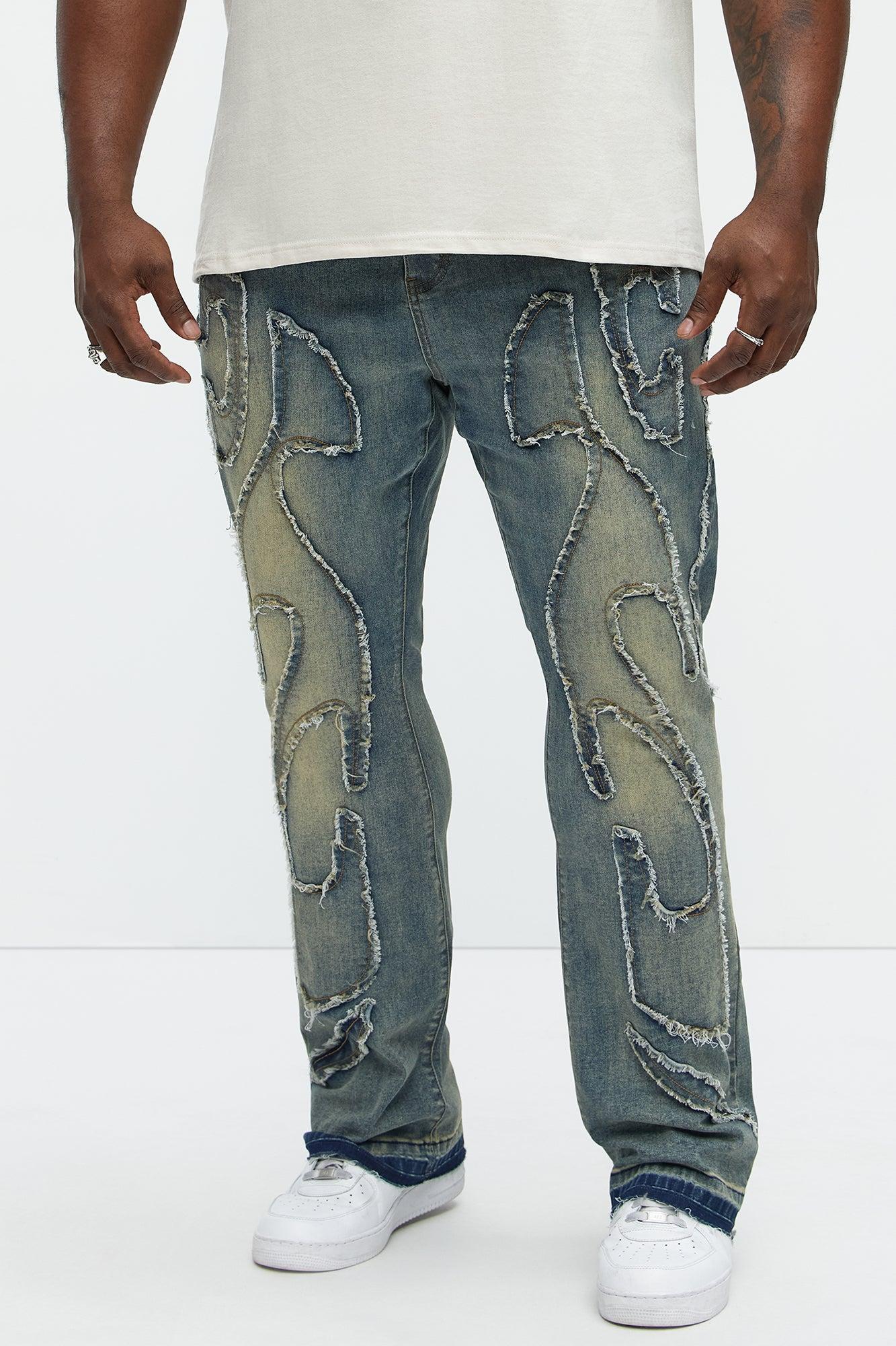 Flame Frayed Patch Stacked Skinny Flare Jeans - Vintage Blue Wash Product Image