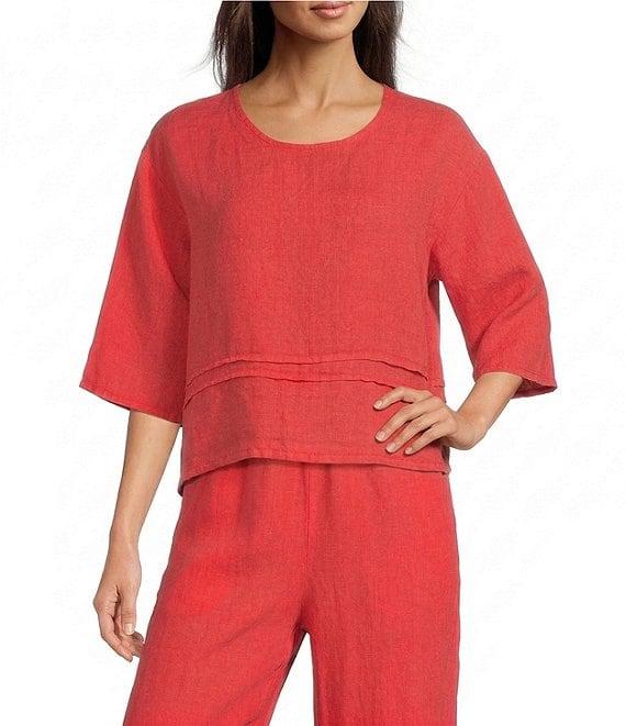 Bryn Walker Light Linen Round Neck 3/4 Sleeve Pintuck Shirt Product Image