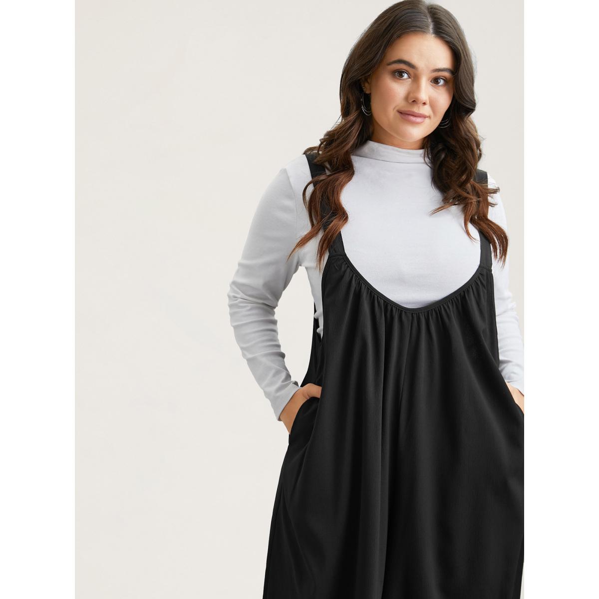 Plus Size Black Adjustable Straps Pockets Plain Flared Jumpsuit Women Casual Sleeveless Non Casual Loose Jumpsuits BloomChic 14-16/1X Product Image