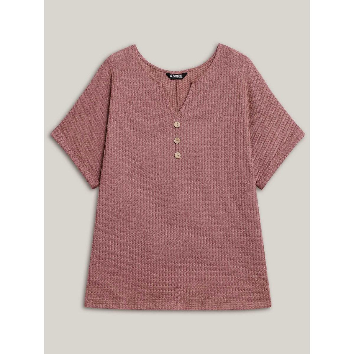 Plus Size Waffle Knit Stretchy Button Split Neck T-Shirt DustyPink Women Leisure Texture Flat collar with V-notch Casual T-shirts BloomChic 30/6X Product Image