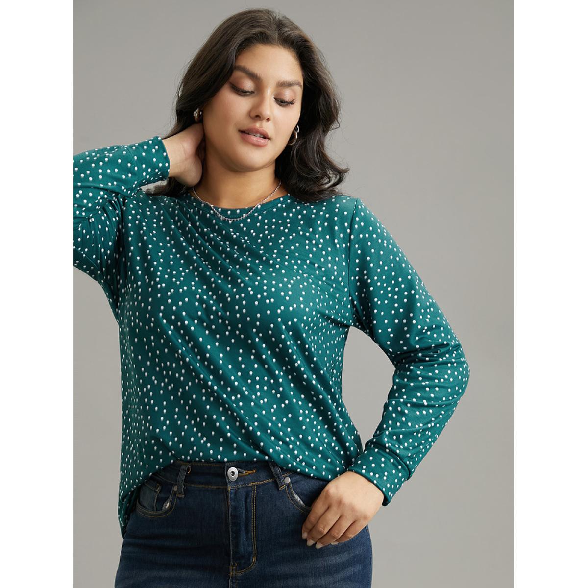 Plus Size Polka Dot Contrast Basic T-shirt Arctic Women Casual Printed Polka Dot Round Neck Dailywear T-shirts BloomChic 14-16/1X Product Image