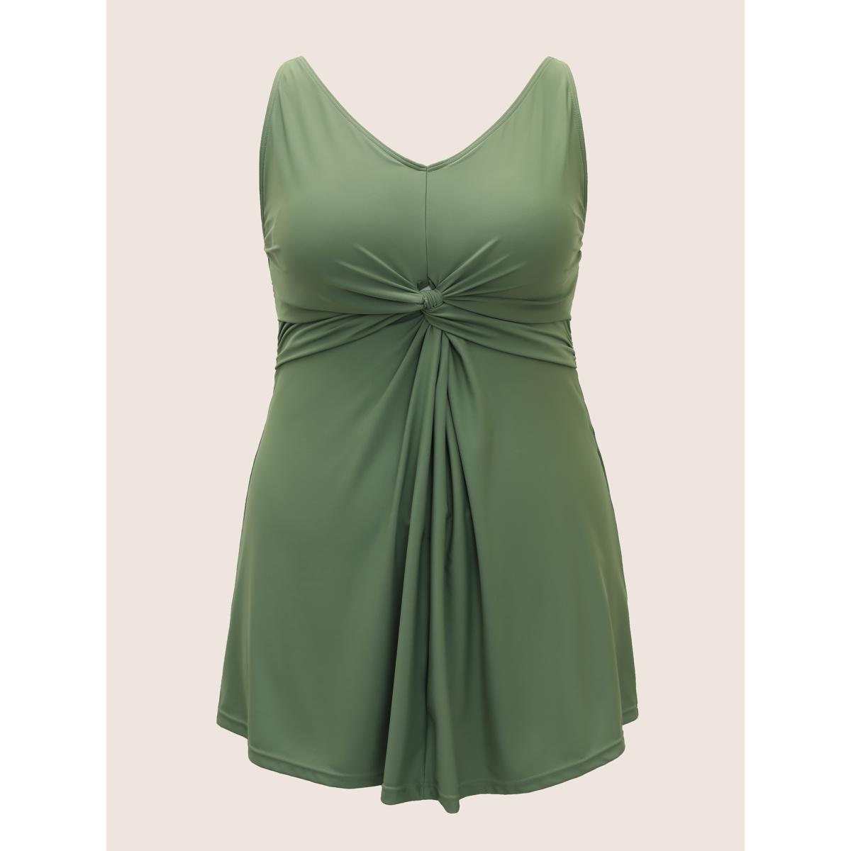 Plus Size Plain Twist Front Gathered Swim Dress Women's Swimwear ArmyGreen Beach Bodycon V-neck High stretch Curve Swim Dresses BloomChic 26/4X Product Image