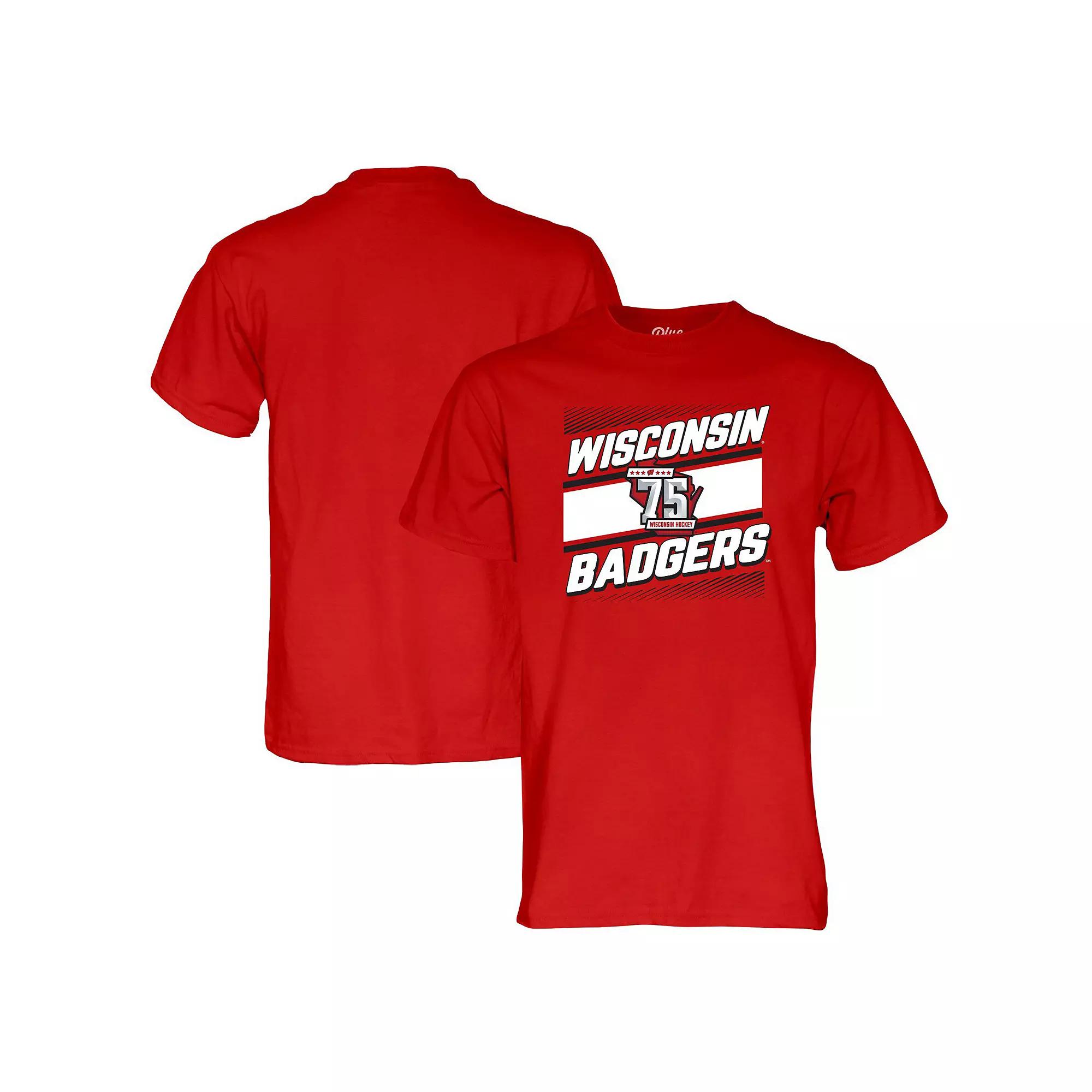 Men's Blue 84 Red Wisconsin Badgers Men's Hockey 75th Season T-Shirt,  Product Image