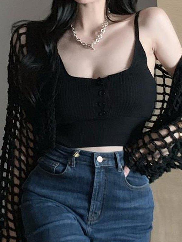 Open Front Hollow Out Crochet Knit Crop Top Product Image
