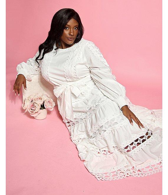 Layered With Love Plus Size Crew Neck Long Sleeve Bow Waist Detail Crochet Trim A-Line Dress Product Image