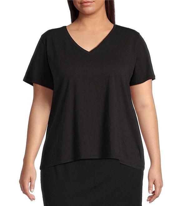Eileen Fisher Plus Size Easy Organic Cotton Jersey Knit V-Neck Short Sleeve Tee Product Image