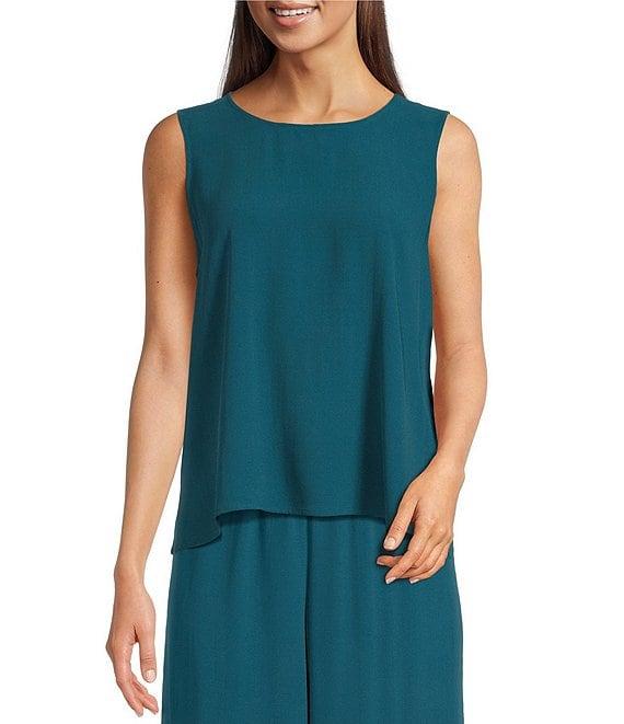 Eileen Fisher Silk Georgette Crepe Crew Neck Sleeveless Shell Tank Product Image