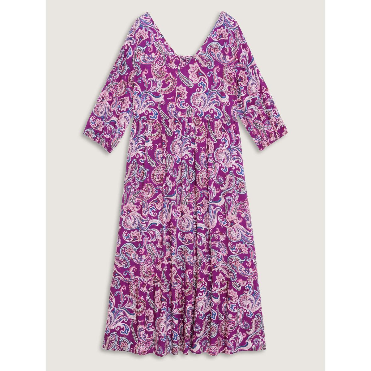 Plus Size Paisley Rayon Back Cut-Out Maxi Dress RedViolet Women Boho V-neck Elbow-length sleeve Curvy BloomChic 26/4X Product Image