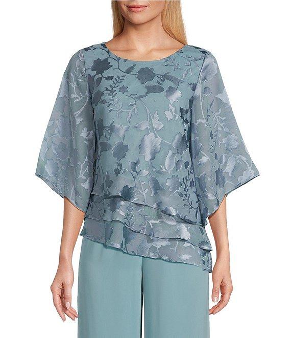 Alex Evenings 3/4 Illusion Sleeve Crew Neck Asymmetrical Triple Tier Hem Printed Chiffon Blouse Product Image