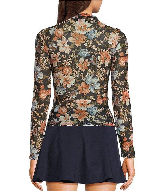 Blu Pepper Floral Printed Mesh Mock Neck Long Sleeve Top Product Image