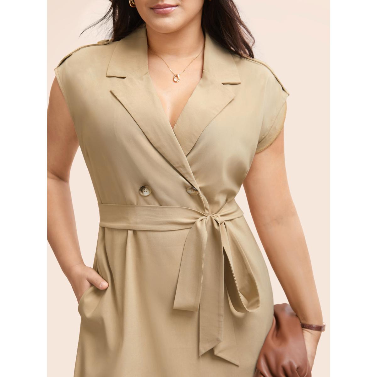 Plus Size Suit Collar Plain Belted Midi Dress Champagne Women At the Office Belted Suit Collar Sleeveless Curvy BloomChic 28/5X Product Image