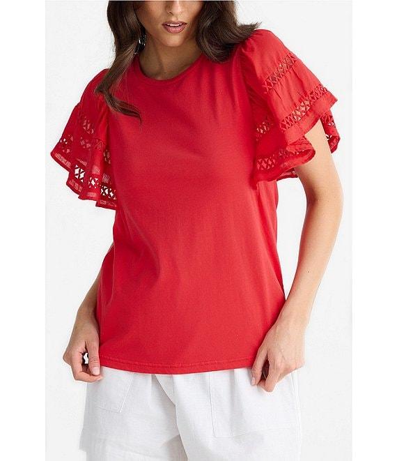 Brave + True Chloe Short Flare Lace Insert Sleeve Crew Neckline Knit Tee Product Image