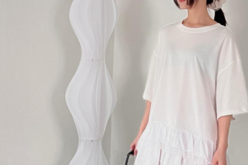 Short-Sleeve Plain Lace Layer Loose-Fit Mini Dress Product Image