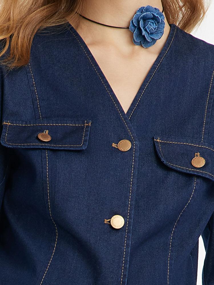 Denim V-Neck Top And Half Skirt Two-Piece Set Product Image