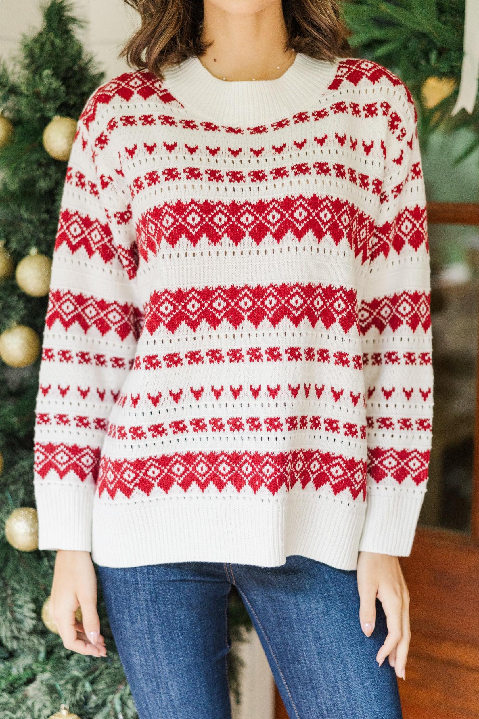 Holiday Happiness Ivory & Red Nordic Print Sweater Female Product Image