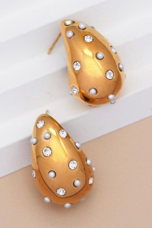 Pearl & Rhinestone Studded Raindrop Earrings Product Image
