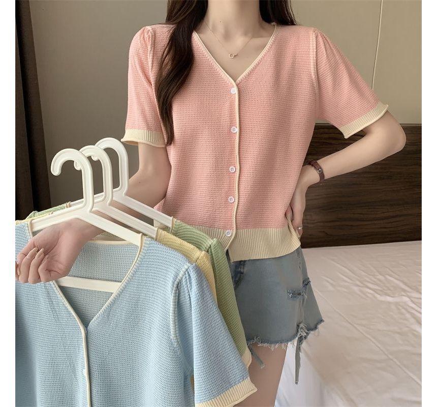 Short-Sleeve V-Neck Two Tone Cardigan Product Image