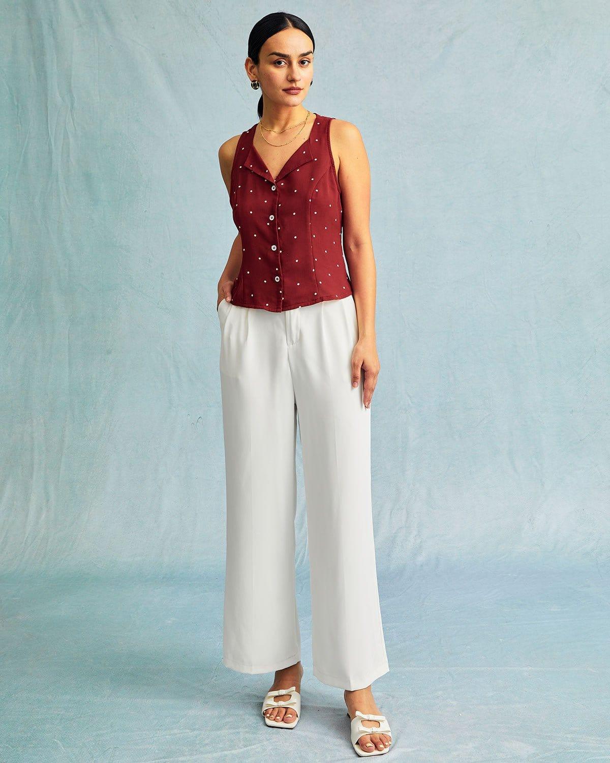 The Red V Neck Polka Dot Print Sleeveless Vest Product Image