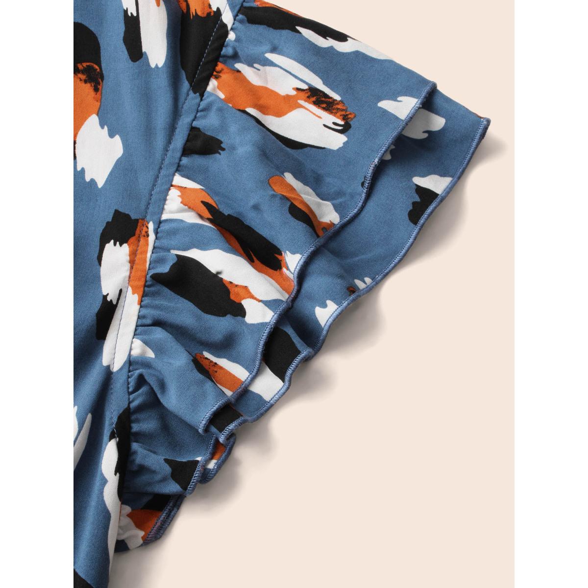 Plus Size Allover Print Frill Trim Flutter Sleeve Dress Aegean Women Office Gathered Mock Neck Sleeveless Curvy Midi Dress BloomChic 18-20/2X Product Image